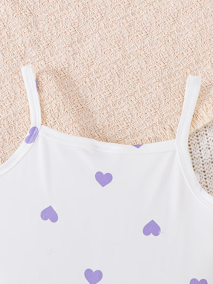 3pcs Girls' Summer Dress Strap Skirt Set | Purple Floral Print, Solid Color Style, and Heart Wave Dot Pattern - Casual Knitted Fabric, Midi Length, Sleeveless