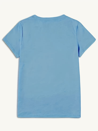 Plus Size, Plus Size-Short-sleeve T-shirt, Denim and Pearl Print, All-season Basic Style, Comfortable Breathable Soft Fabric, Women's Casual Top, Machine Washable Durable, Essential for Going Out