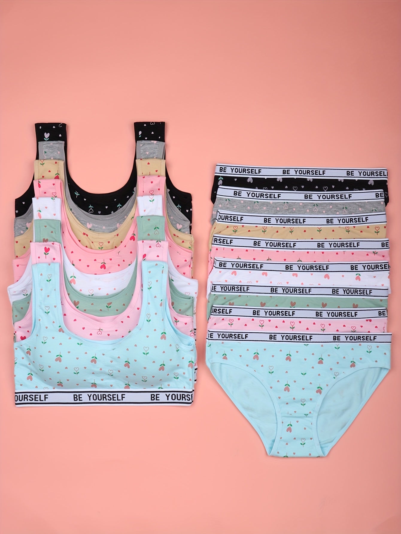 8 Set Bra Panties Set Comfy Breathable Underwear Set, Cute Heart Letter Print Training Set for 10-16, for Teenager, For Teenager