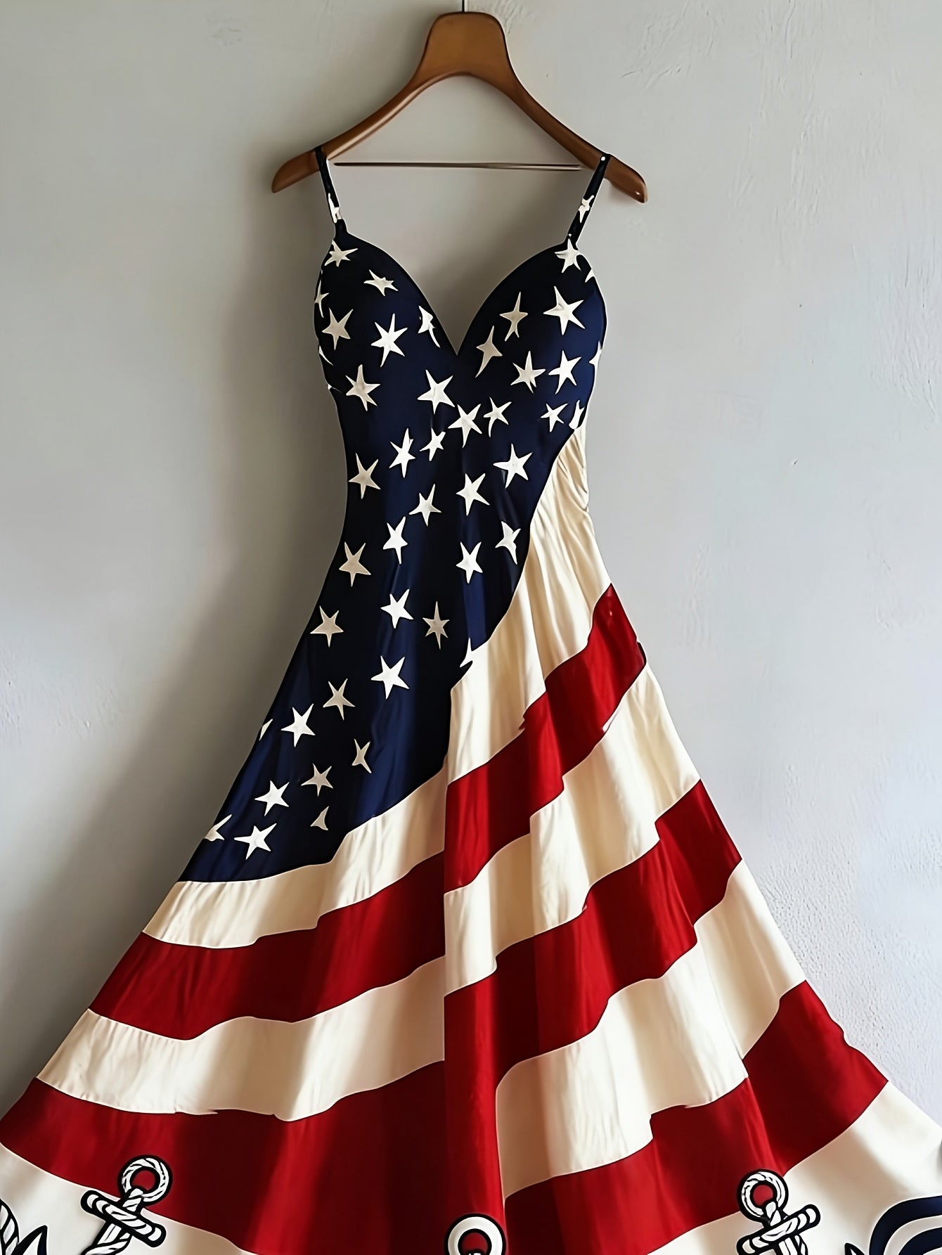 Women's Patriotic Maxi Dress - A-Line Silhouette, Suitable for Vacation, Leisure & Beach Outings, Loose Fit, National Flag Pattern, Sleeveless, V-Neck, Red National Flag Design with Built-In Cups