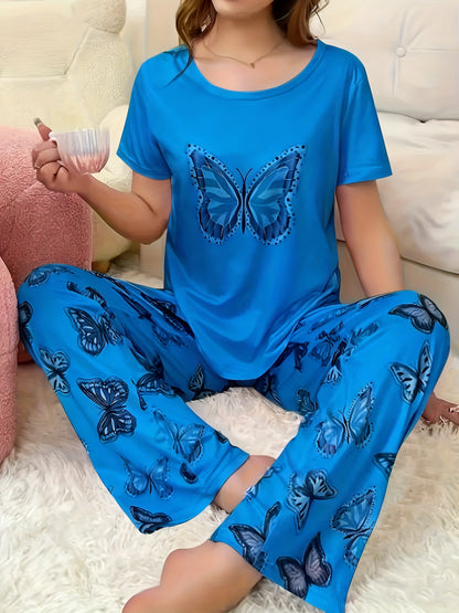 2pcs Women'S Pajama Set With Butterfly Pattern Top And Pants