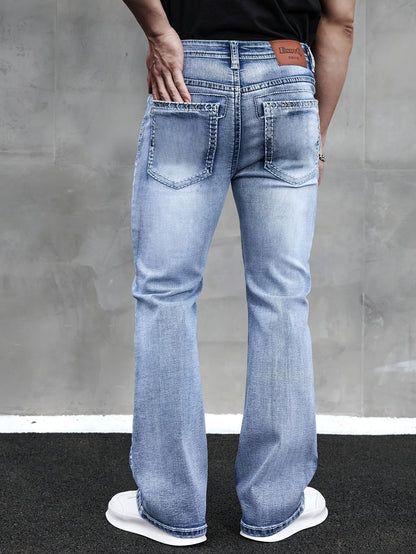 ESDVQ Men's Slim-Fit Classic Washed Denim Bell-Bottom Jeans - Mid-Stretch Machine-Washable Flared Pants with Suitable for All-Season Wear, Comfortable Stretchable Bell-Bottoms for Casual & Dressy Outfits