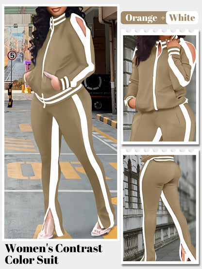 Women's 2pcs Athletic Tracksuit Set, Striped Contrast Shoulder Slit Top & Zipper Hem Sporty Pants, Activewear Lounge Set