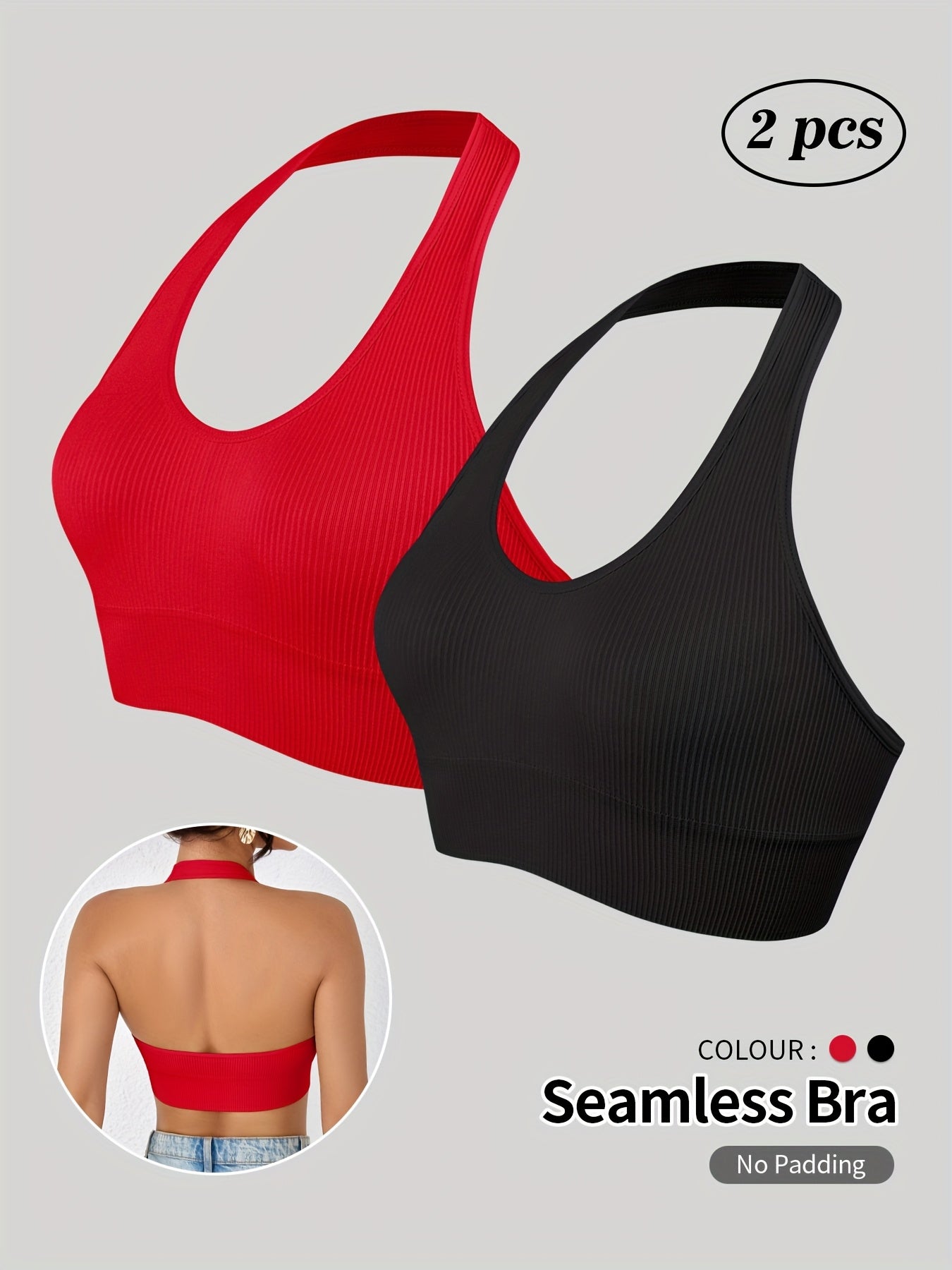 Set of 2 NADIA GO Women'S Seamless Sports Bras - Comfortable And Breathable Tops for Yoga And Workouts, Featuring a Racerback Design with Side Stripes, Available in Light Gray And Black, Sleeveless for Gym Activities, Running, And Pilates