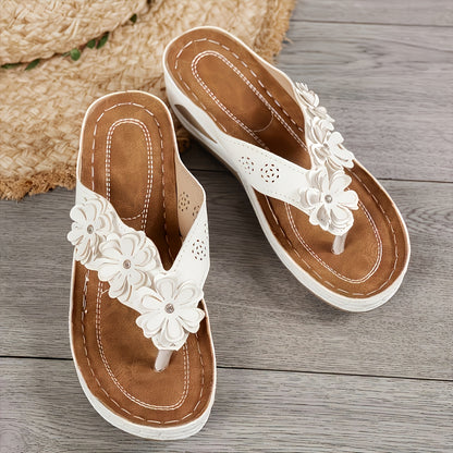 Women'S Fashion Slip-On Flip-Flops Casual Peep-Toe Flat with Floral Embellishment, Comfortable PU Sole, Suitable for All Seasons, Casual Shoes, Floral Embellished Sandals, Comfortable Shoes