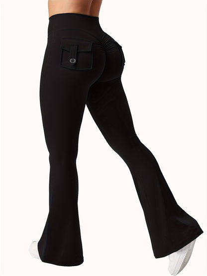 2025 New 3pcs Black Gray Green Trendy Work Attire Bell Bottom Trousers, Women'S Casual Flared Pants, High Waisted Pocket Activewear, Work Style Peach Hip Trousers, Quick Drying Belly Lifting Sports Pants with Flared Bottoms