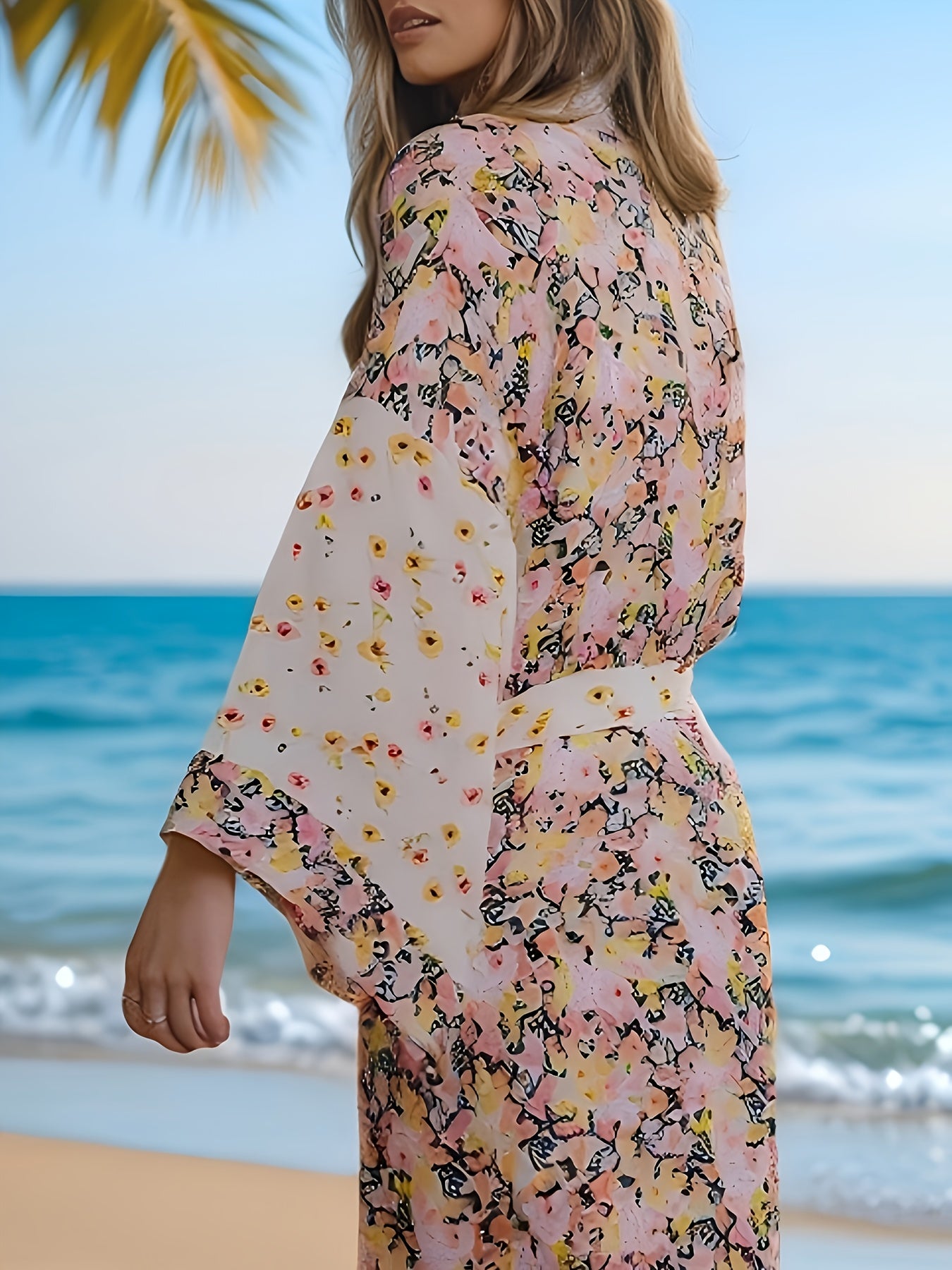 Beach Kimono Cardigan with a Floral And Crane Design, Featuring Long Sleeves And a Relaxed Fit, Suitable for Women'S Swimwear And Apparel