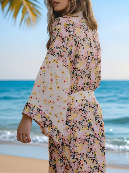 Beach Kimono Cardigan with a Floral And Crane Design, Featuring Long Sleeves And a Relaxed Fit, Suitable for Women'S Swimwear And Apparel