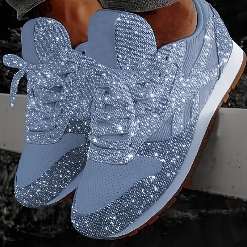 Women'S Slip-On Sneakers Glitter Pink with Sequin Decoration Casual Round Toe Lace-Up Shoes Thick Cushioning Sole PU Material Upper Four Seasons Comfortable Casual Wear Women'S Sneakers, Women Shoes