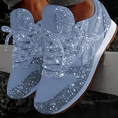 Women'S Slip-On Sneakers Glitter Pink with Sequin Decoration Casual Round Toe Lace-Up Shoes Thick Cushioning Sole PU Material Upper Four Seasons Comfortable Casual Wear Women'S Sneakers, Women Shoes