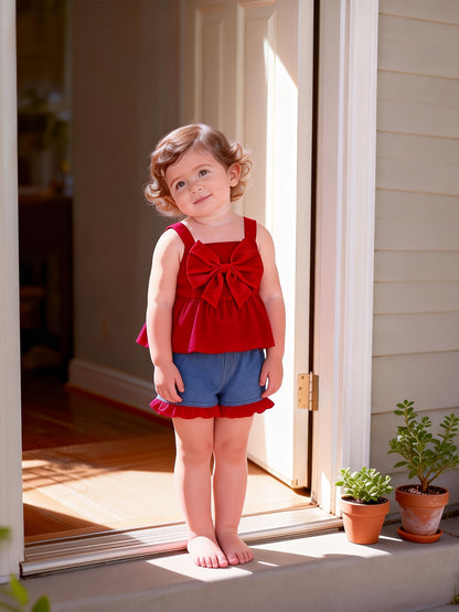 2pcs Baby Girls Set 3D Bow Sleeveless Cami Top Ruffle Trim Denim Shorts Summer Outdoor Play, for Outdoor