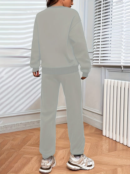 [Casual 2pcs Suit] Women's Casual Fashionable & Versatile 2pcs Suit | Autumn & Winter Solid Color Loose Pullover Sweatshirt + Elastic Waist Drawstring Pants