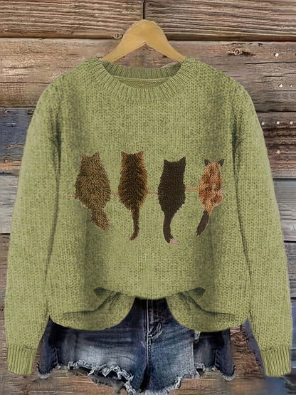 [Cozy Cat Sweater] Cozy Cable Sweater with Playful Cat Print | Women'S Beige & Brown, Loose Fit, Long Sleeve, Round Neck, Casual Spring And Autumn Top Ropa De Mujer Promotion Local Warehouse Discount
