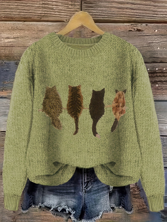 [Cozy Cat Sweater] Cozy Cable Sweater with Playful Cat Print | Women'S Beige & Brown, Loose Fit, Long Sleeve, Round Neck, Casual Spring And Autumn Top Ropa De Mujer Promotion Local Warehouse Discount