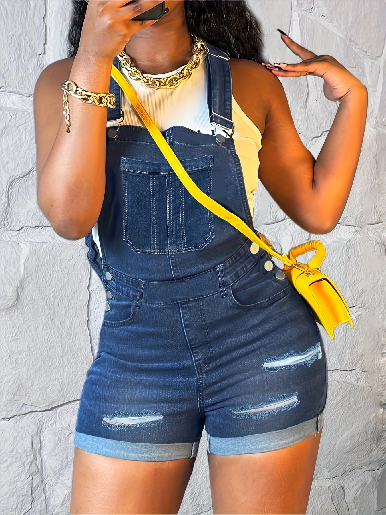 Women Ripped Solid Color Slim-Fit Jeans Casual Buttons Trim Denim Shorts Overall Pocket Sleeveless Denim Romper Women's Wear