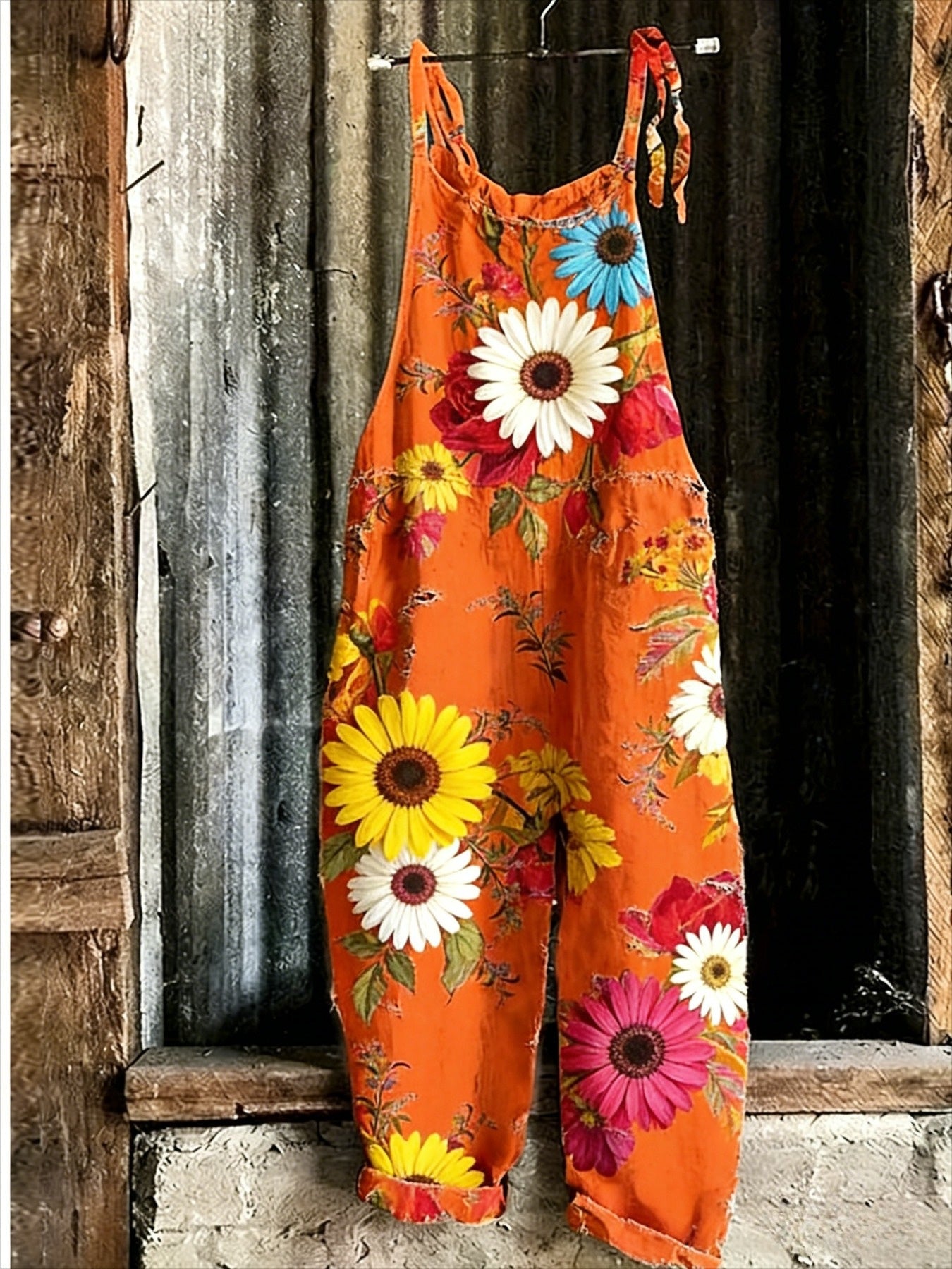 Women's Vintage Fashion Spring/Summer Tie-Up Jumpsuit, Everyday Casual Versatile Summer Overalls, Women's Bright Floral Print Loose Casual 1pc Overalls