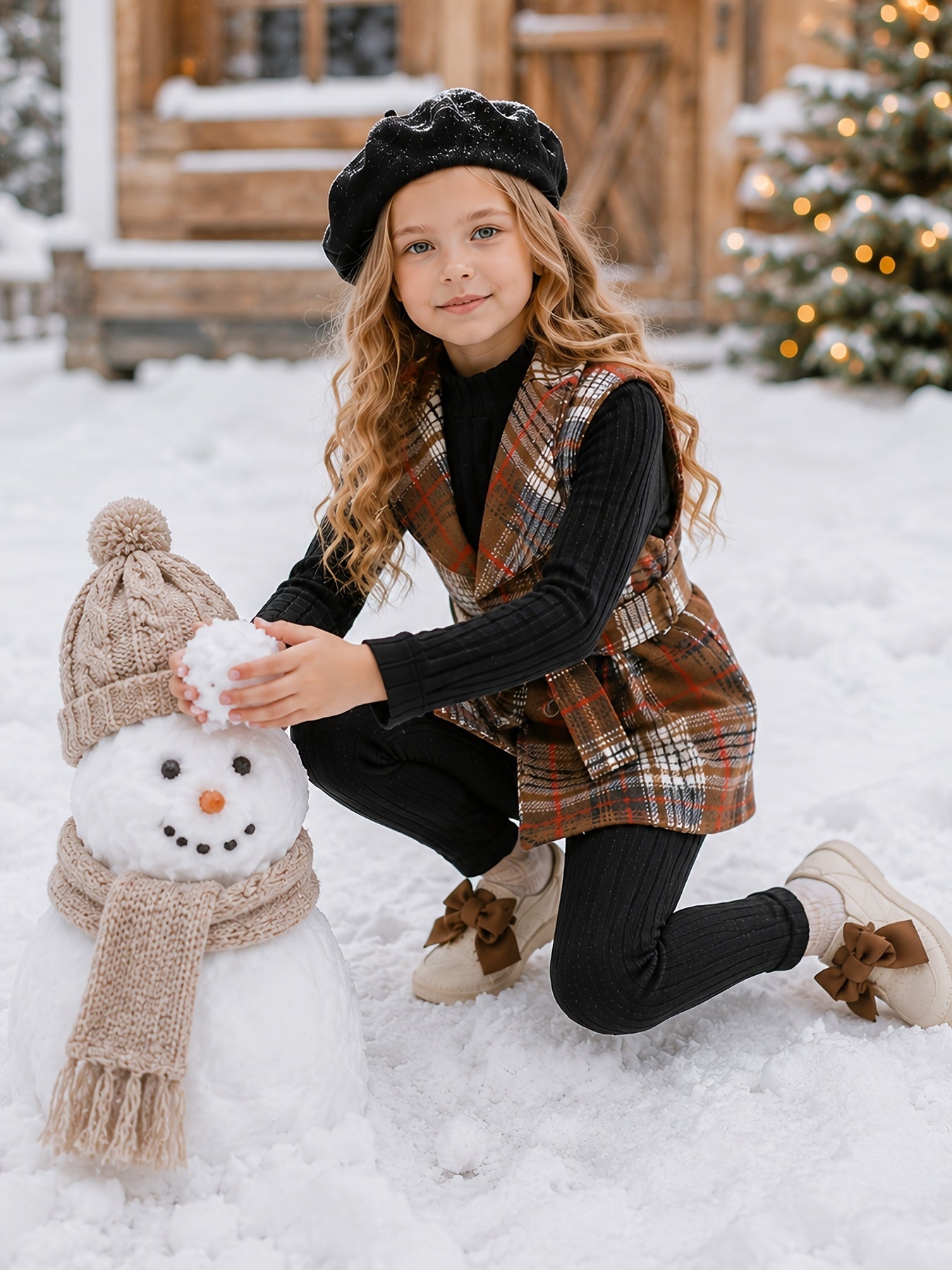 4pcs Girls' Autumn/Winter Set: Black Ribbed High-Neck Long-Sleeve Top, Black Pants, Brown Plaid Jacket with Belt - Elegant and Stylish Outfit, Perfect for Outdoor