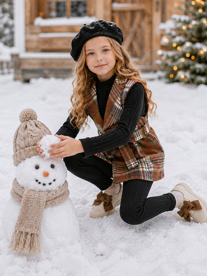 4pcs Girls' Autumn/Winter Set: Black Ribbed High-Neck Long-Sleeve Top, Black Pants, Brown Plaid Jacket with Belt - Elegant and Stylish Outfit, Perfect for Outdoor