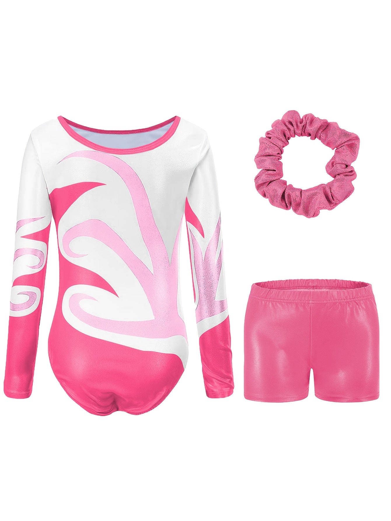 Girls' 3pcs Gymnastics Leotard Set with Geometric Pattern, Long Sleeve Bodysuit & Matching Shorts - Includes Hairband, Stretchy & Breathable Fabric for Dance Training, Perfect for Outdoor, All Seasons, Gift for Back-to-School Season