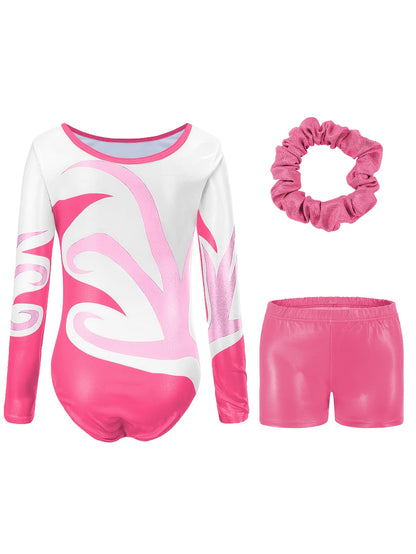 Girls' 3pcs Gymnastics Leotard Set with Geometric Pattern, Long Sleeve Bodysuit & Matching Shorts - Includes Hairband, Stretchy & Breathable Fabric for Dance Training, Perfect for Outdoor, All Seasons, Gift for Back-to-School Season