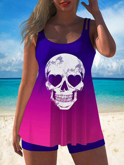 Adorable Skeleton-Themed Two-Piece Swimsuit for Women, Featuring a Stylish Black Design with a Conservative Double Shoulder Tankini Style, Perfect for a Laid-Back Halloween Look
