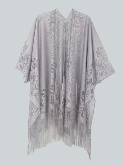 Woman's Plus Size Boho Cover Up, Lace Kimono, Women's Plus Floral Lace Batwing Sleeve Cover-Up, Open Front Tassel Trim Kimono, Lightweight Beach Cover Up