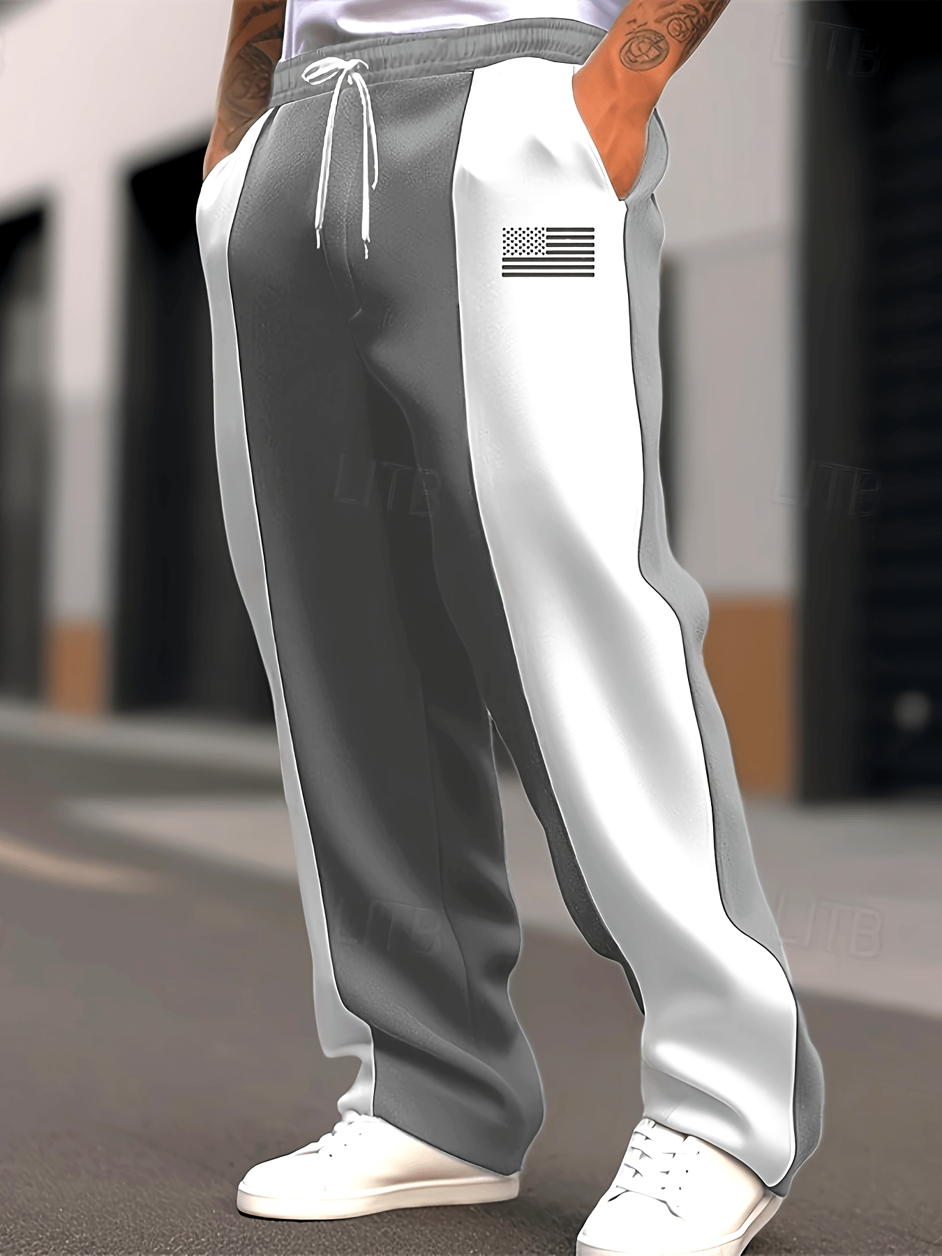 Men'S Plus Size Trousers, Two-Tone Splicing, National Flag Print, Spring And Autumn Seasons, Easy And Fashionable Daily Wear, Weekend Sports Loose Fit, Street Fashion, Holiday Gifts, Plus Size, Men'S Affordable Goods