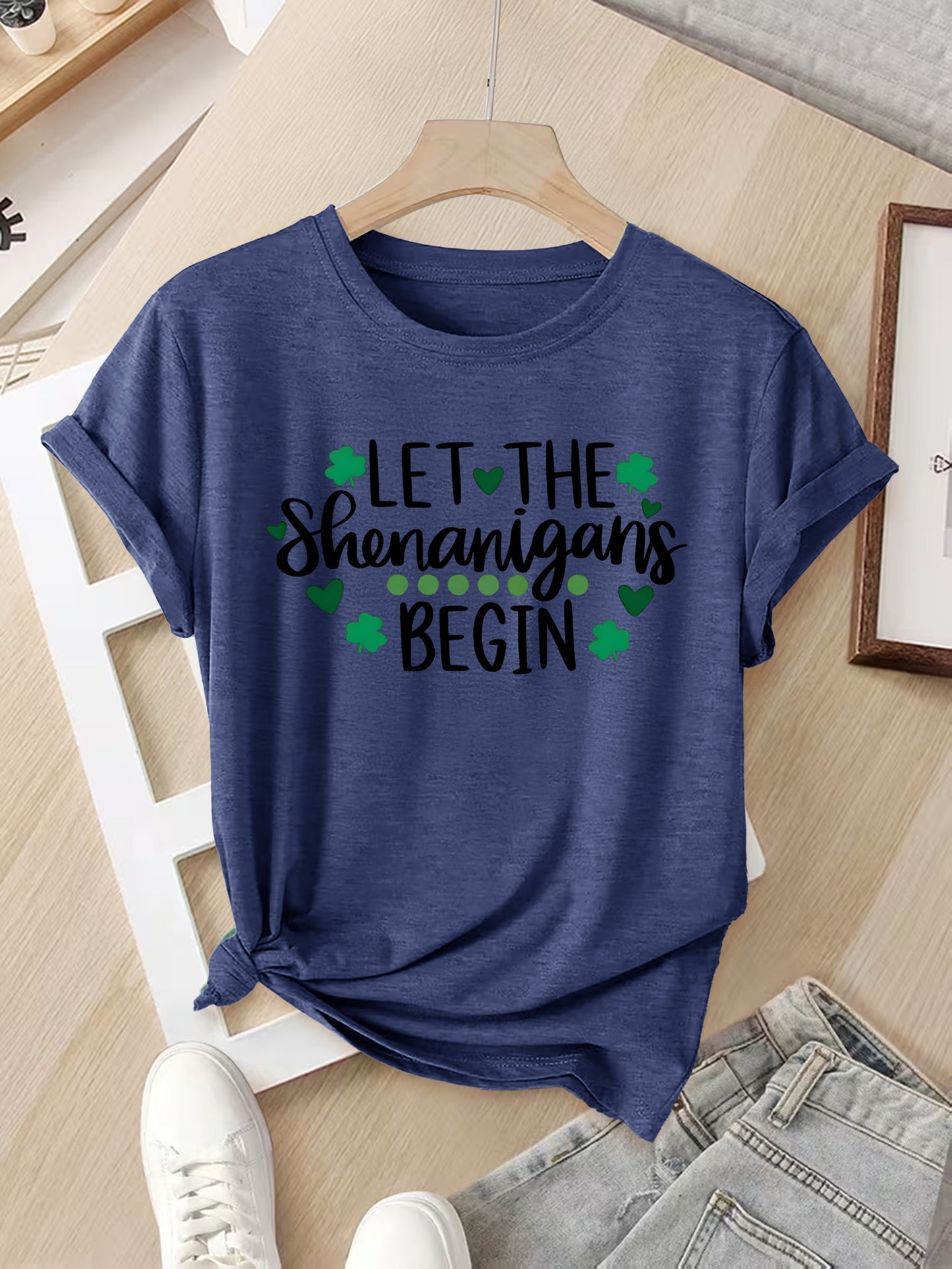 Ladies' Casual Summer T-Shirt - Women'S Knotted Hem Design with Graphic Print 'If I Shenan Once, I'll Shenanigan', Round Neck, Comfortable Fit for Everyday Wear and Sports, Fashion Street Style Tee