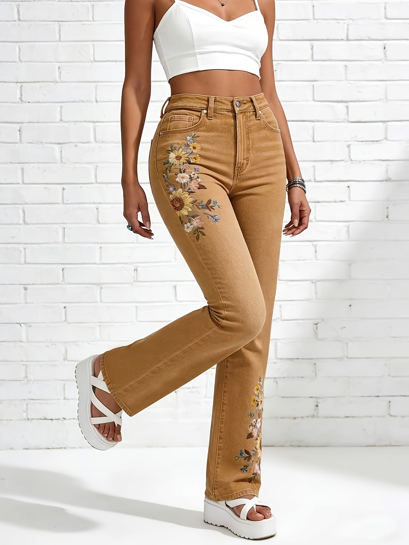 Women's High-Waisted Light Wash Jeans - Stretch Straight Pants with Beltless, Machine-Washable Casual Wear Suitable for Seasons