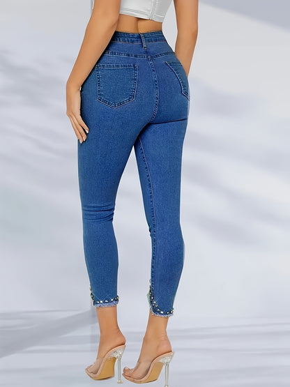 Women'S Trendy High-Waisted Straight-Leg Trousers Featuring Rhinestone Leggings And Fitted Jeans