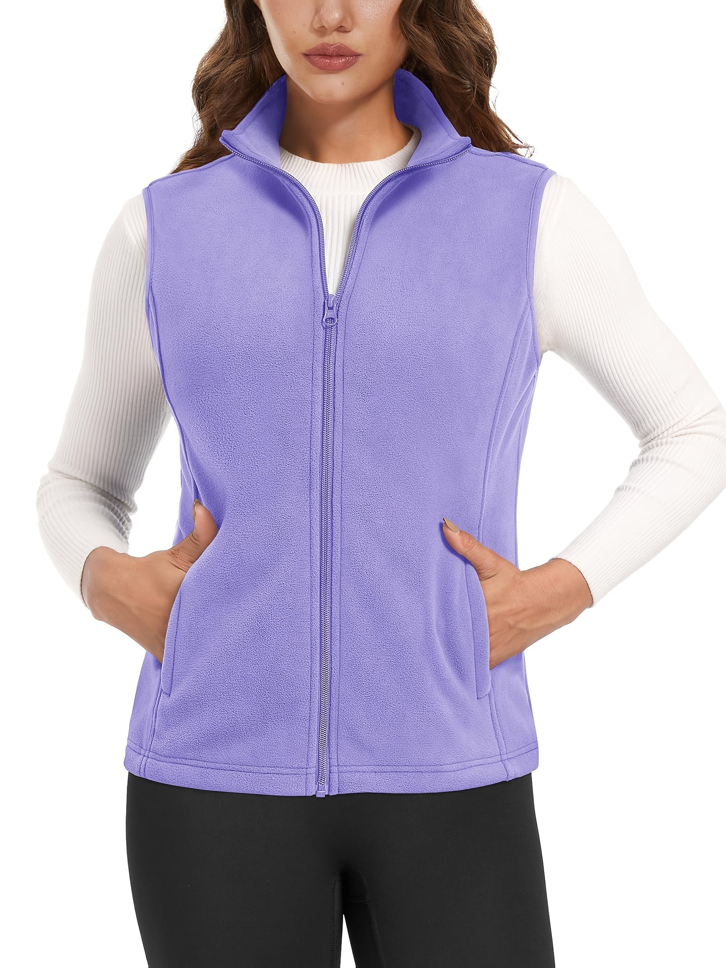 Women'S Fleece Zip Vest Lightweight Warm Sleeveless Jacket Stand Up Collar Windproof Soft Outerwear Vest with 4 Pockets Elastic Armholes for Camping Riding Office Outdoor Party Spring Fall Winter