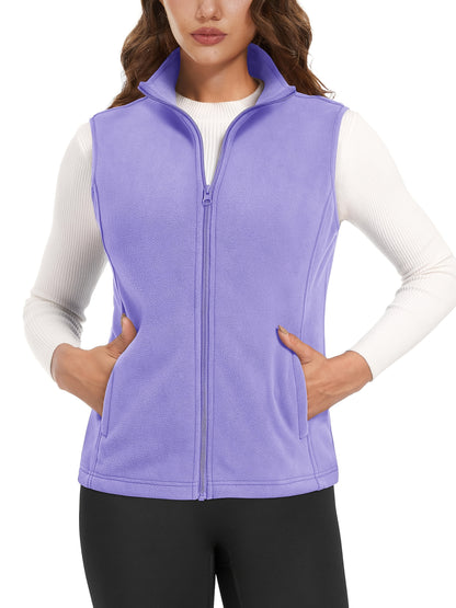 Women'S Fleece Zip Vest Lightweight Warm Sleeveless Jacket Stand Up Collar Windproof Soft Outerwear Vest with 4 Pockets Elastic Armholes for Camping Riding Office Outdoor Party Spring Fall Winter