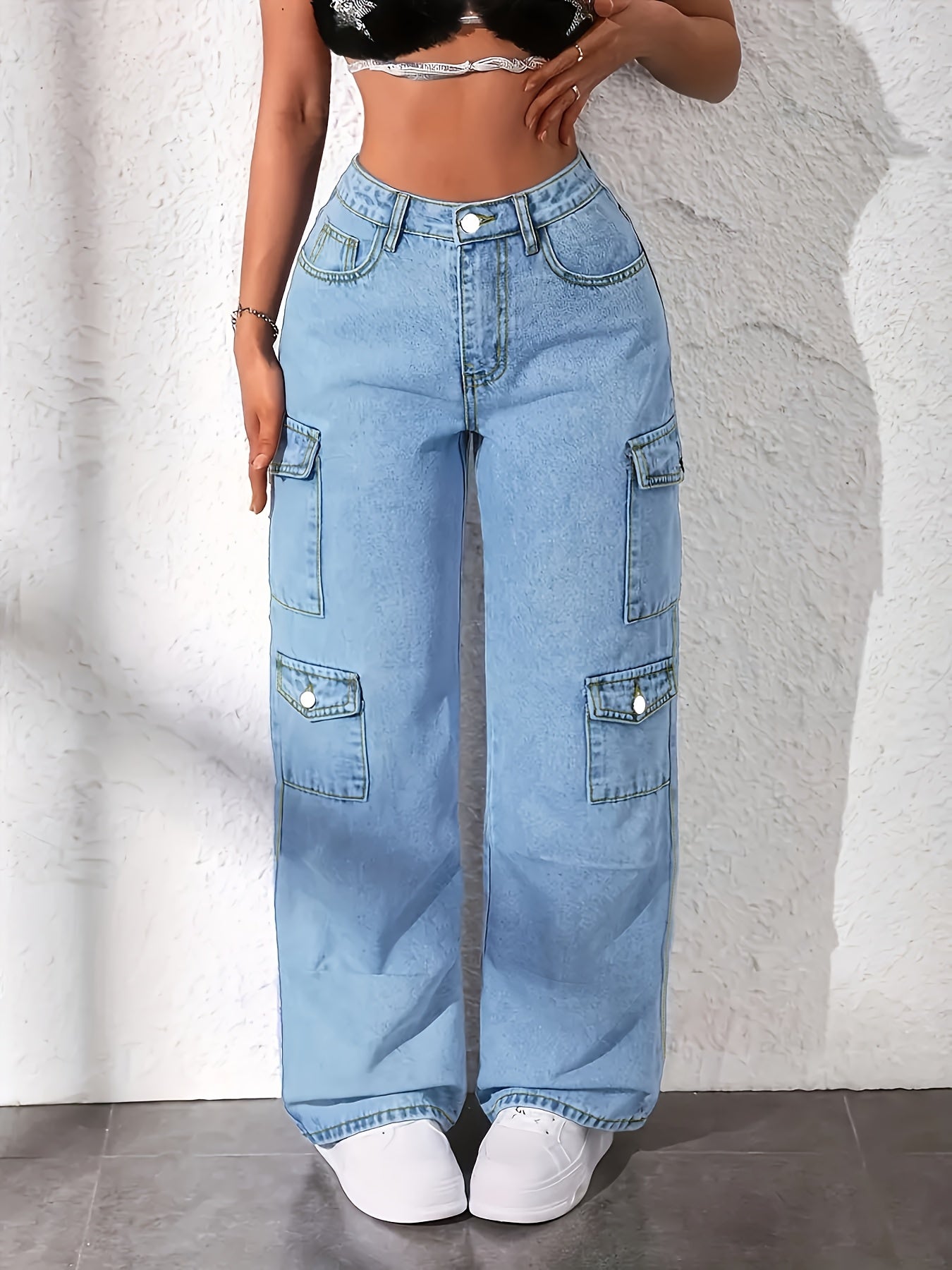 Color Denim Popular Trend Light Blue Plus Size Multi-pocket Cargo Jeans, 2026 New High-waisted Loose Baita Women'S Straight-leg Trousers