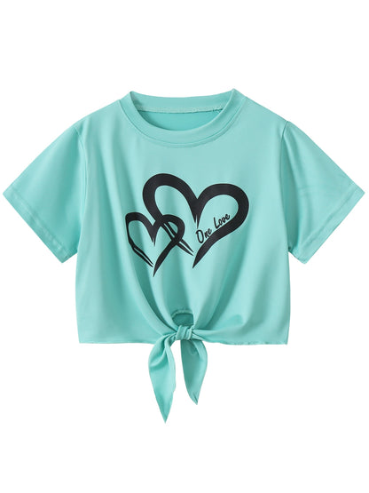 6pcs, Girls Love Print Camouflage Design Short Sleeve Athletic Shorts Summer Suit, for Outdoor
