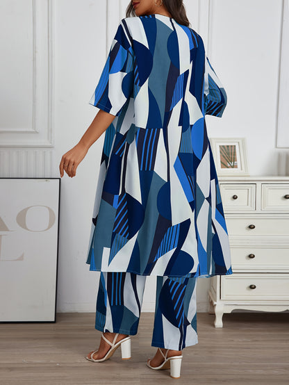 Vacation Style Geo Print Pantsuits Set, Long Length Short Sleeve Shirt & Wide Leg Pants Outfits, Women's Clothing