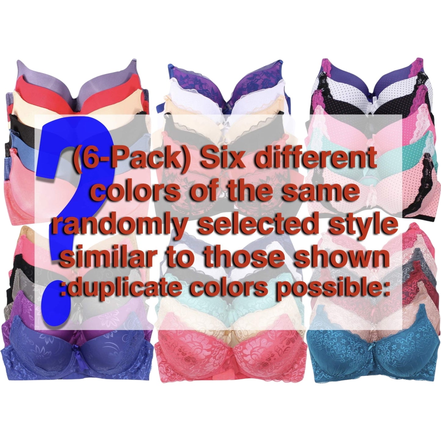 Women's 6-Item Pack of Random Assortment Print Plus Size Bras with Underwire Sizes 34D to 46DDD