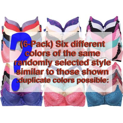 Women's 6-Item Pack of Random Assortment Print Plus Size Bras with Underwire Sizes 34D to 46DDD
