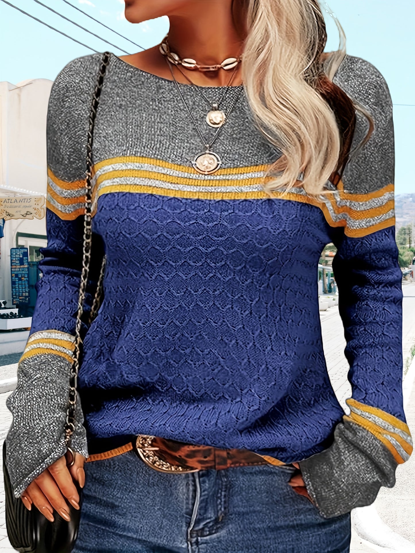Color Block Sweater with Crew Neck, Casual Long Sleeve Pullover for Autumn And Winter, Women'S Apparel