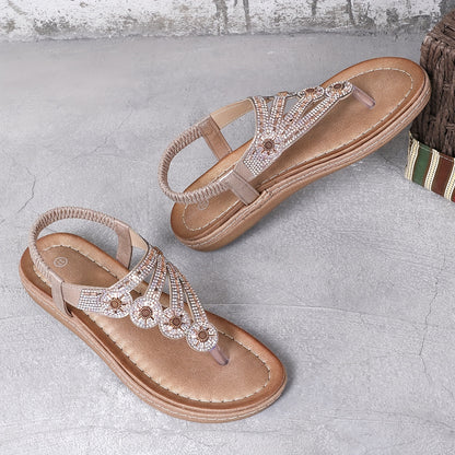 Large Summer Rhinestone Clip Toe Bohemian Style Versatile Herringbone Clip Toe Wedge Sandals for Women Roman Shoes, Women Shoes