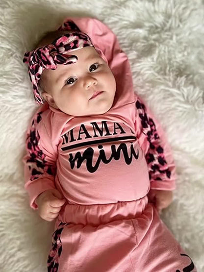 KuKitty Infant Baby Girl Clothes Set Long Sleeve "Mama's Mini" Print Pullover Sports Hooded Tops and Leopard Pants Outfits Set