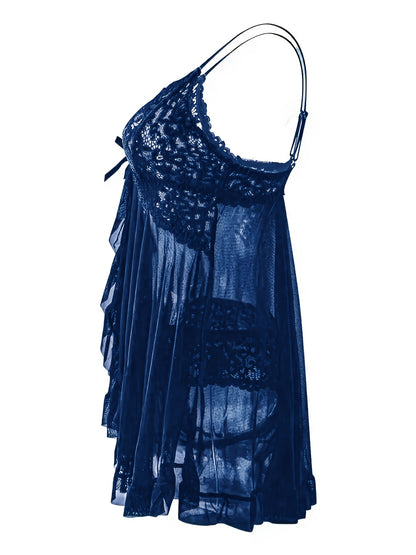Big Size Sultry Valentine Lace Sleepwear Dress Set - Exquisite Lace, Flattering V-Neckline, Daring Backless Design, Delicate Ruffle Trim, Trendy Split Hem, Seductive Thong Detail, Ultra-Comfortable Fabric, Perfect For Romantic Night, Anniversary Gift