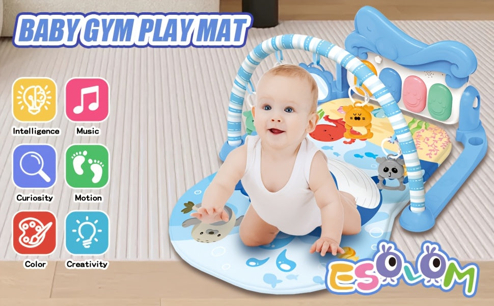 Baby Play Mat Baby Gym for Floor, Kick And Play Piano Mat Gym, Tummy Time Baby Activity Mat with 5 Infant Sensory Baby Toys, Music And Lights Boy & Girl Gifts for Newborn Baby 0-3-6-9-12 Months(Blue)