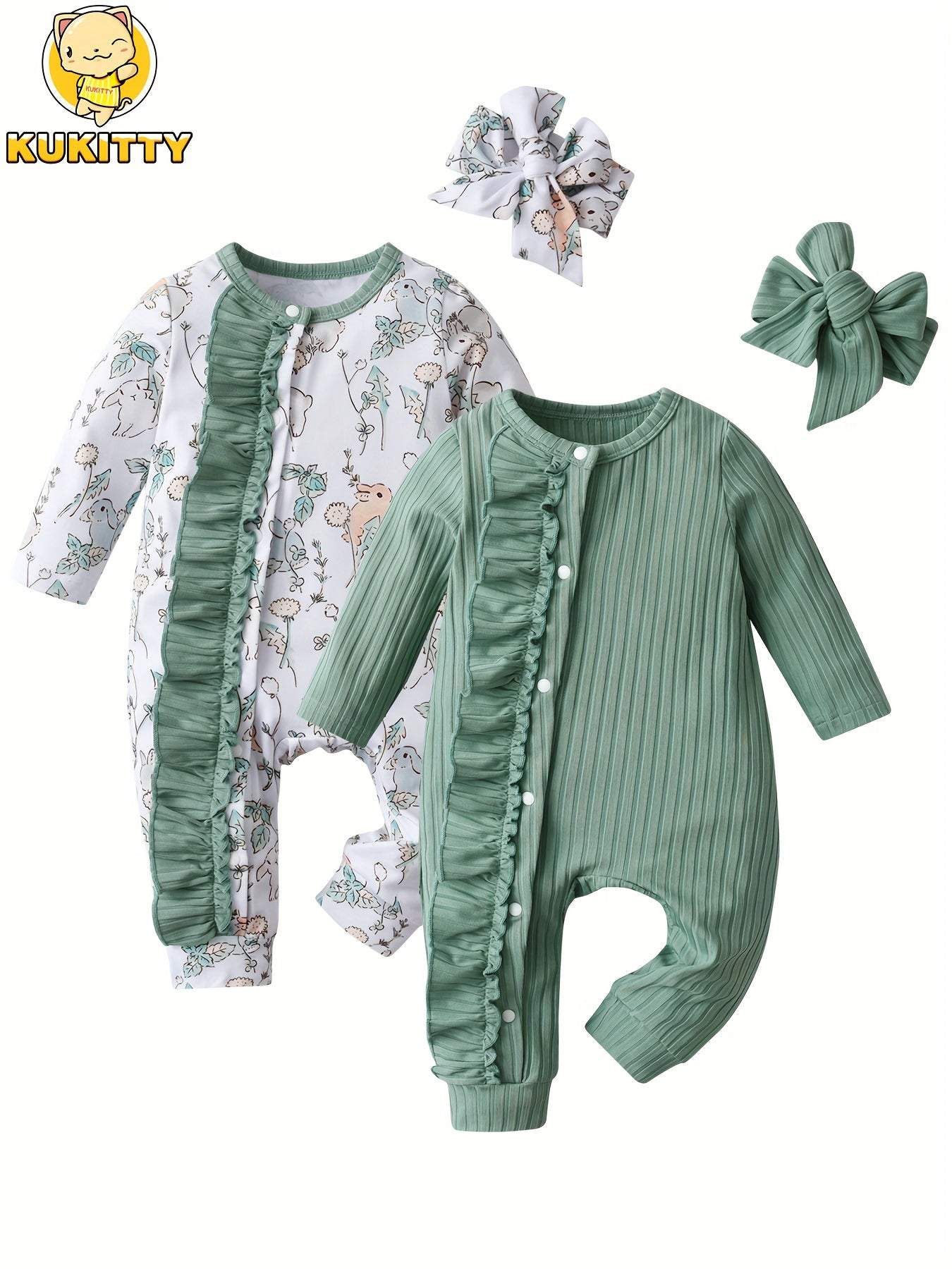 KuKitty Newborn Baby Girl Romper Long Sleeve Solid Color Rabbit Print Jumpsuit Infant Girls 2 Pack Outfit