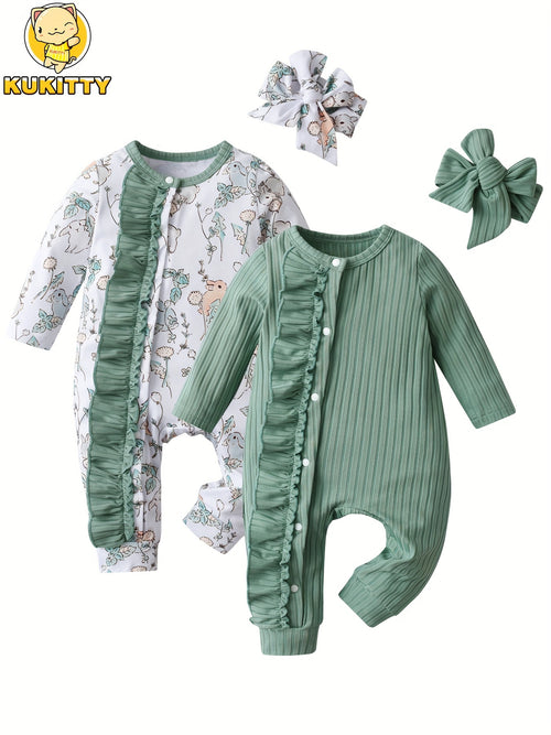 KuKitty Newborn Baby Girl Romper Long Sleeve Solid Color Rabbit Print Jumpsuit Infant Girls 2 Pack Outfit