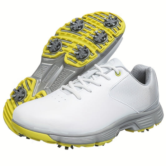 [Men's Golf Sneakers] Sneakers, Men's Golf Shoes with High Quality Rubber Sole, Large Size, White and Yellow, Lace-Up, Non-Slip, All-Season Sports Footwear for Outdoor Activities, Casual Style, Solid Color, Fabric Inner and Insole, Rubber Sole, THESTRON B