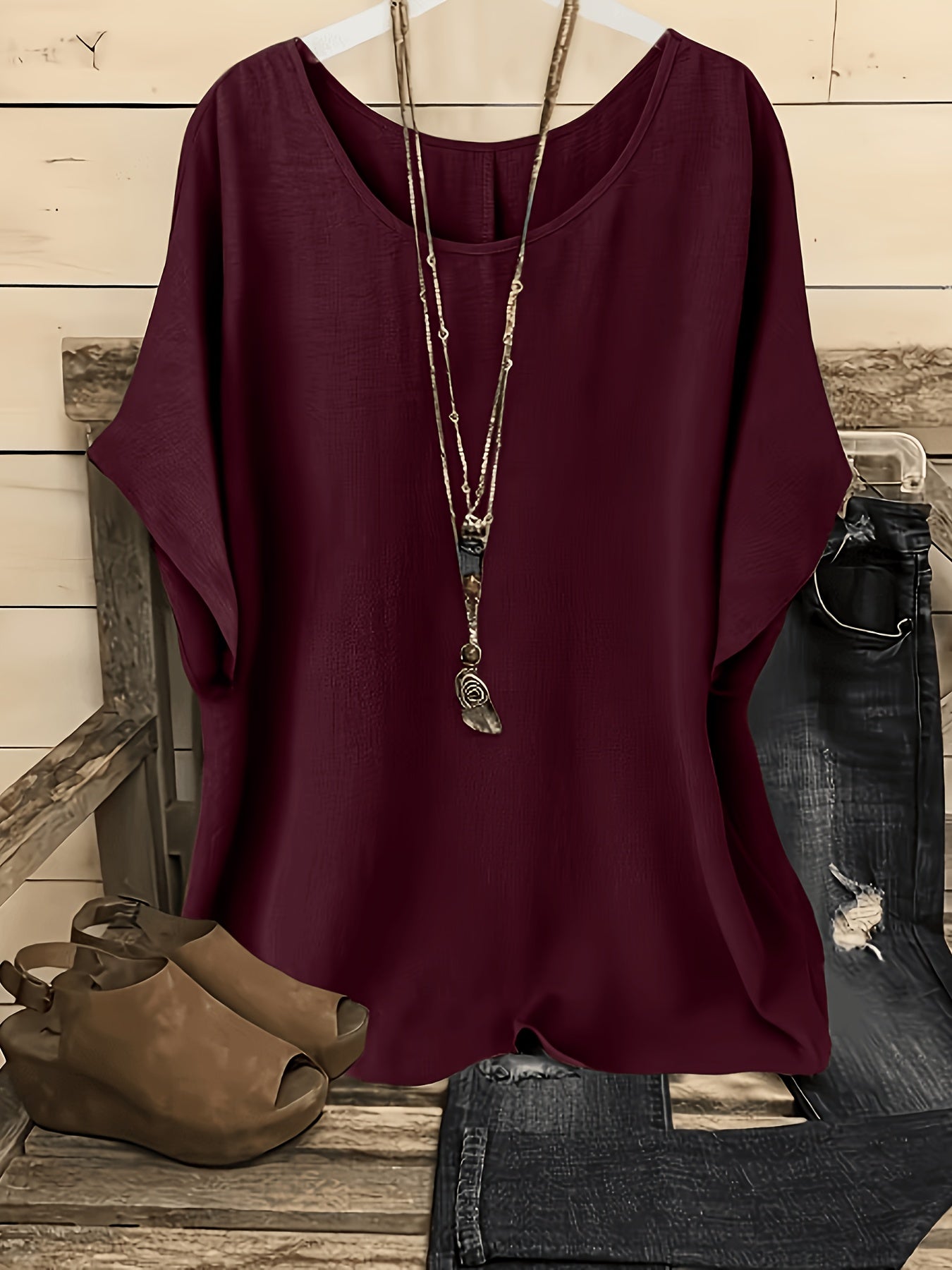 [Women'S Batwing Shirt] 2pcs, Women'S Casual Vacation Solid Color Round Neck Batwing Sleeve Shirt - No Additions Included