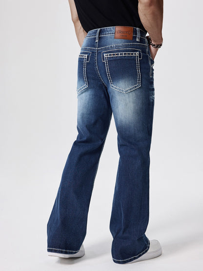 ESDVQ Men's Slim-Fit Classic Washed Denim Bell-Bottom Jeans - Mid-Stretch Machine-Washable Flared Pants with Suitable for All-Season Wear, Comfortable Stretchable Bell-Bottoms for Casual & Dressy Outfits