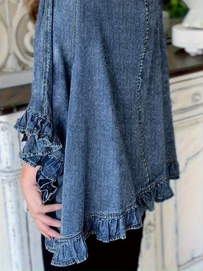 Women's Vintage Light Blue Jacket - Loose Fit Non-Stretch Denim-like Coat with Ruffle Shoulder & Flared Three-Quarter Sleeves, Viscose Fiber Blend Casual Chic Outerwear for Everyday Formal Outfits - Spring/Fall Essential, Denimlike Appearance