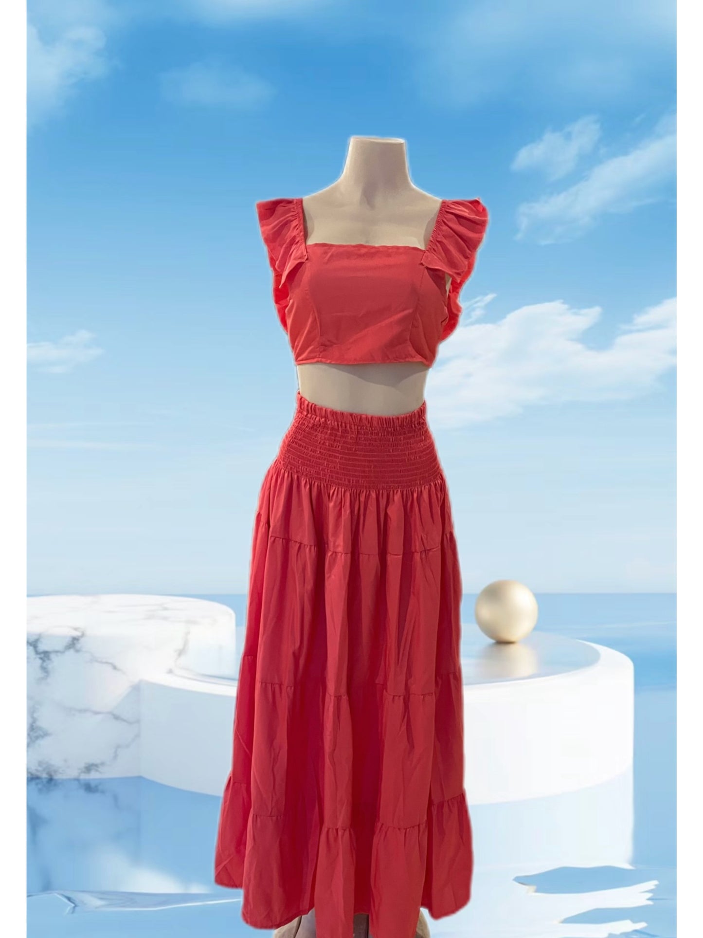22024 (1pc) Summer Blooms Two-Piece Set - Womens Ruffled Crop Top & Flowy Maxi Skirt Ensemble, Elegant Occasion Wear