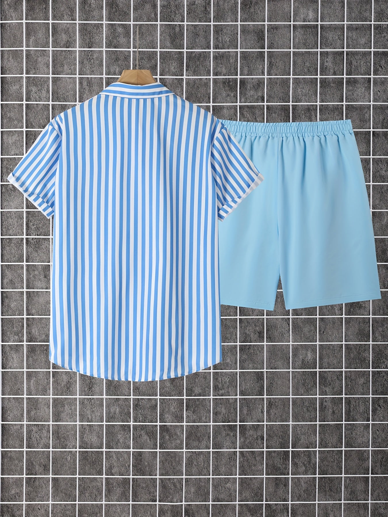 2pcs Men'S Casual Summer Outfit Set, Striped Short Sleeve Button Up Lapel Shirt Top & Solid Drawstring Shorts With Pockets For Casual Daily Wear And Holiday Resorts